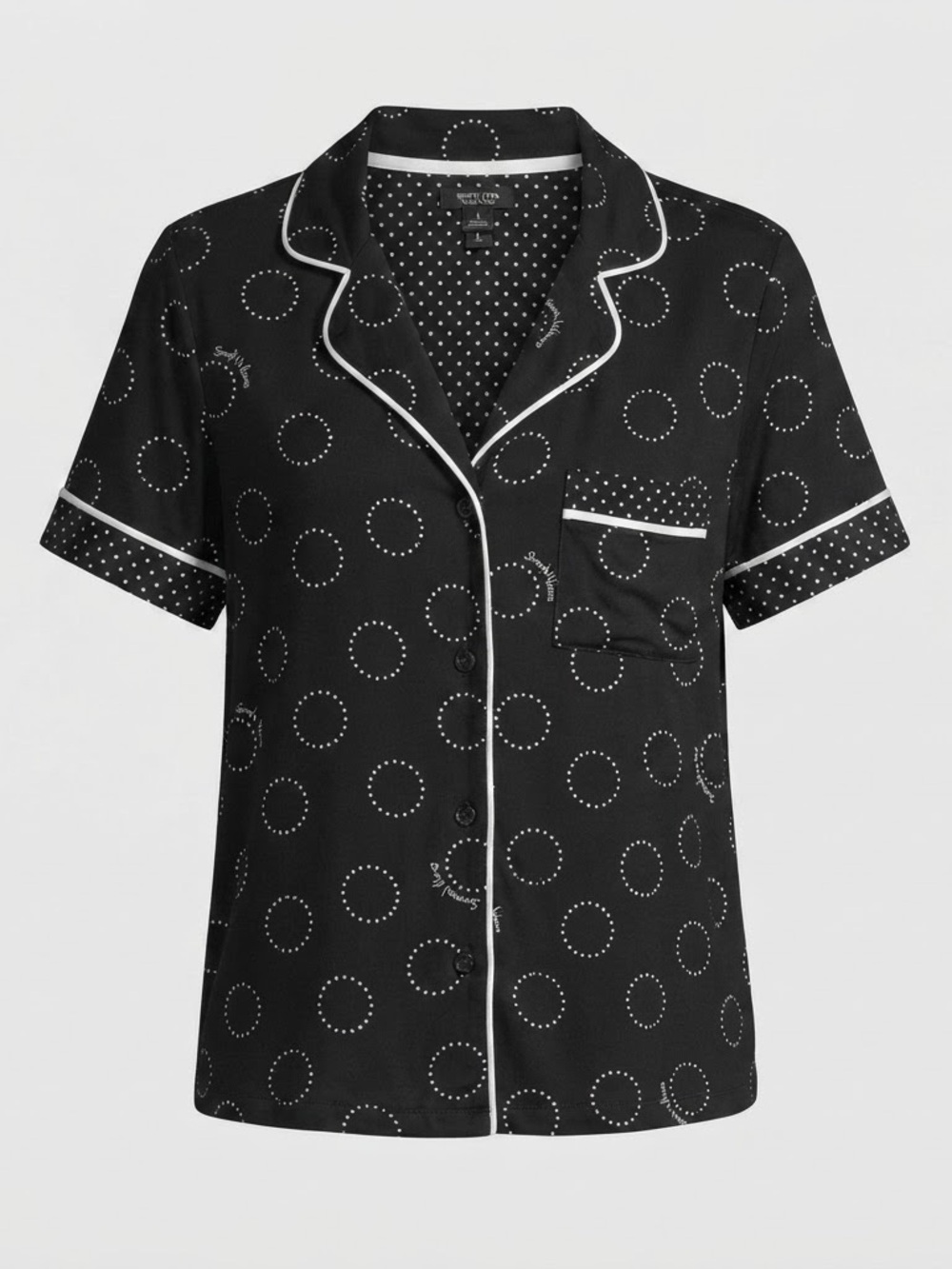 Simply Vera Vera Wang Black Short-Sleeve Notch Collar Pajama Top with White Trim
